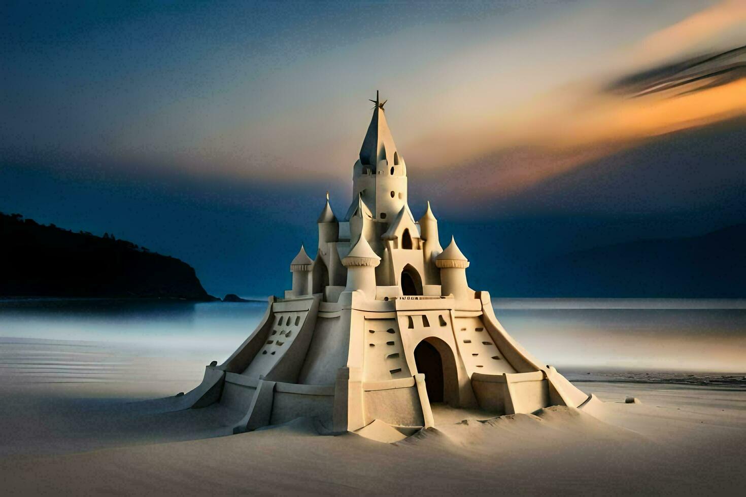 a sand castle on the beach at sunset. AI-Generated photo