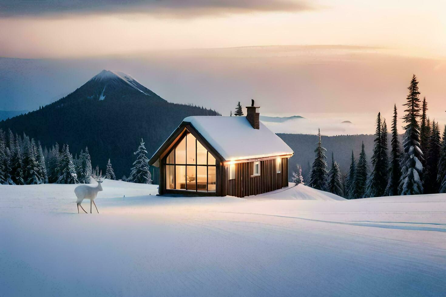 a cabin in the snow with a deer. AI-Generated photo