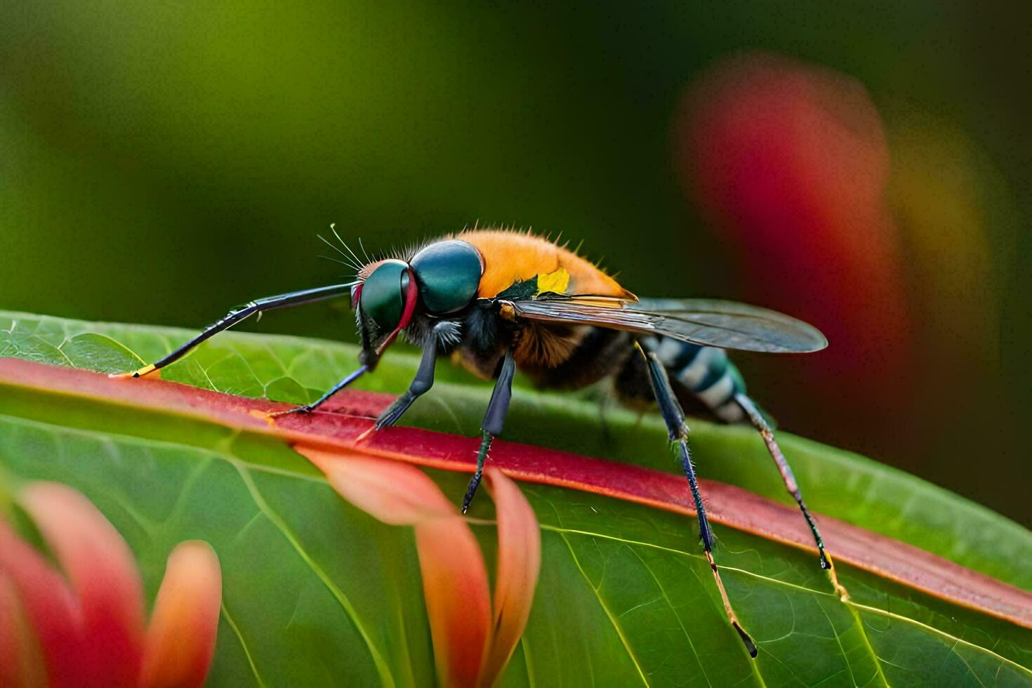 a fly with a red and green body sitting on a leaf. AI-Generated photo
