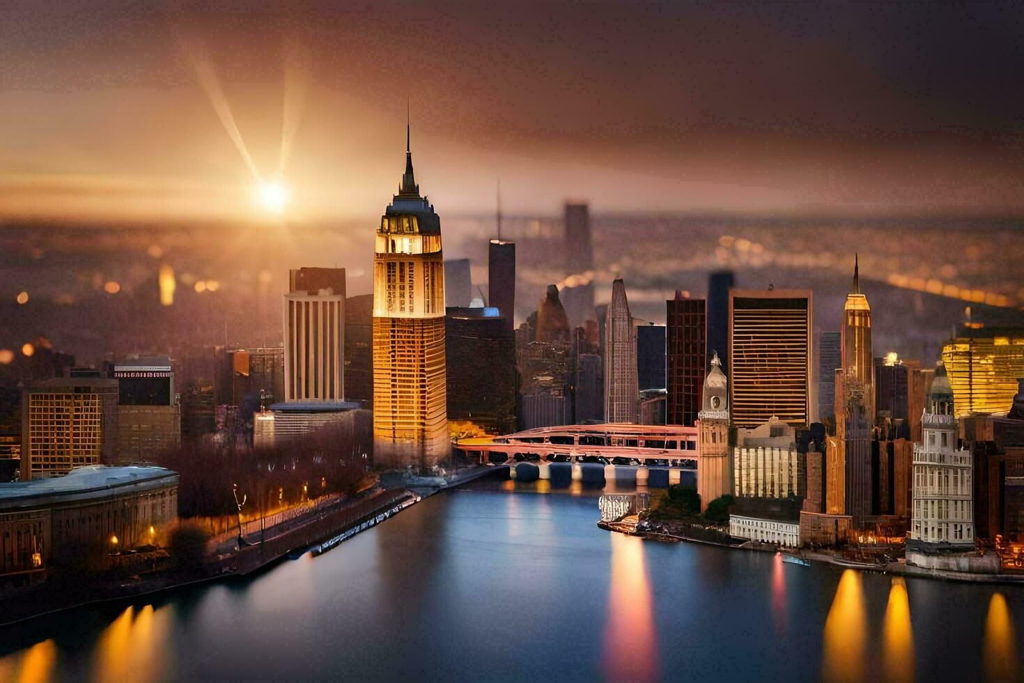 the city skyline at sunset with the sun shining. AI-Generated photo