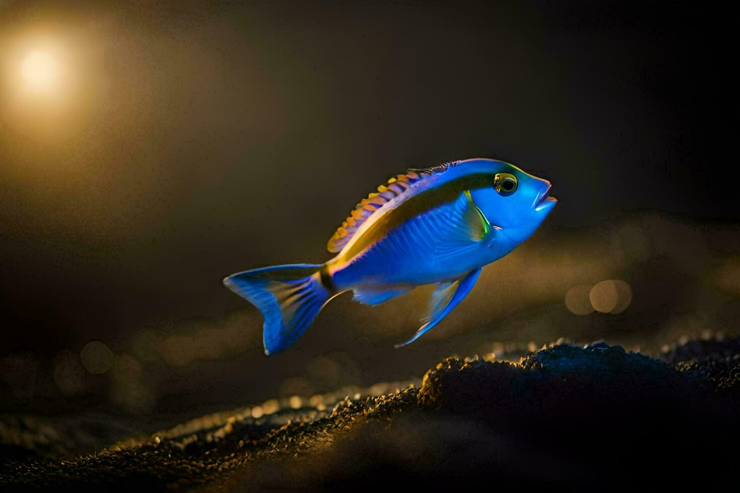 a blue fish with yellow eyes is swimming in the dark. AI-Generated photo