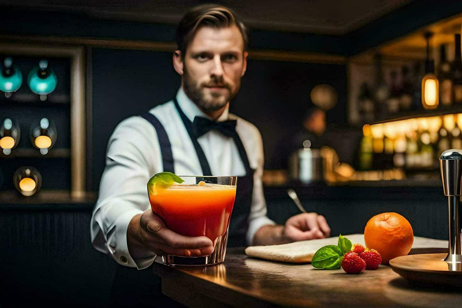 a bartender holding a cocktail in front of a bar. AI-Generated photo