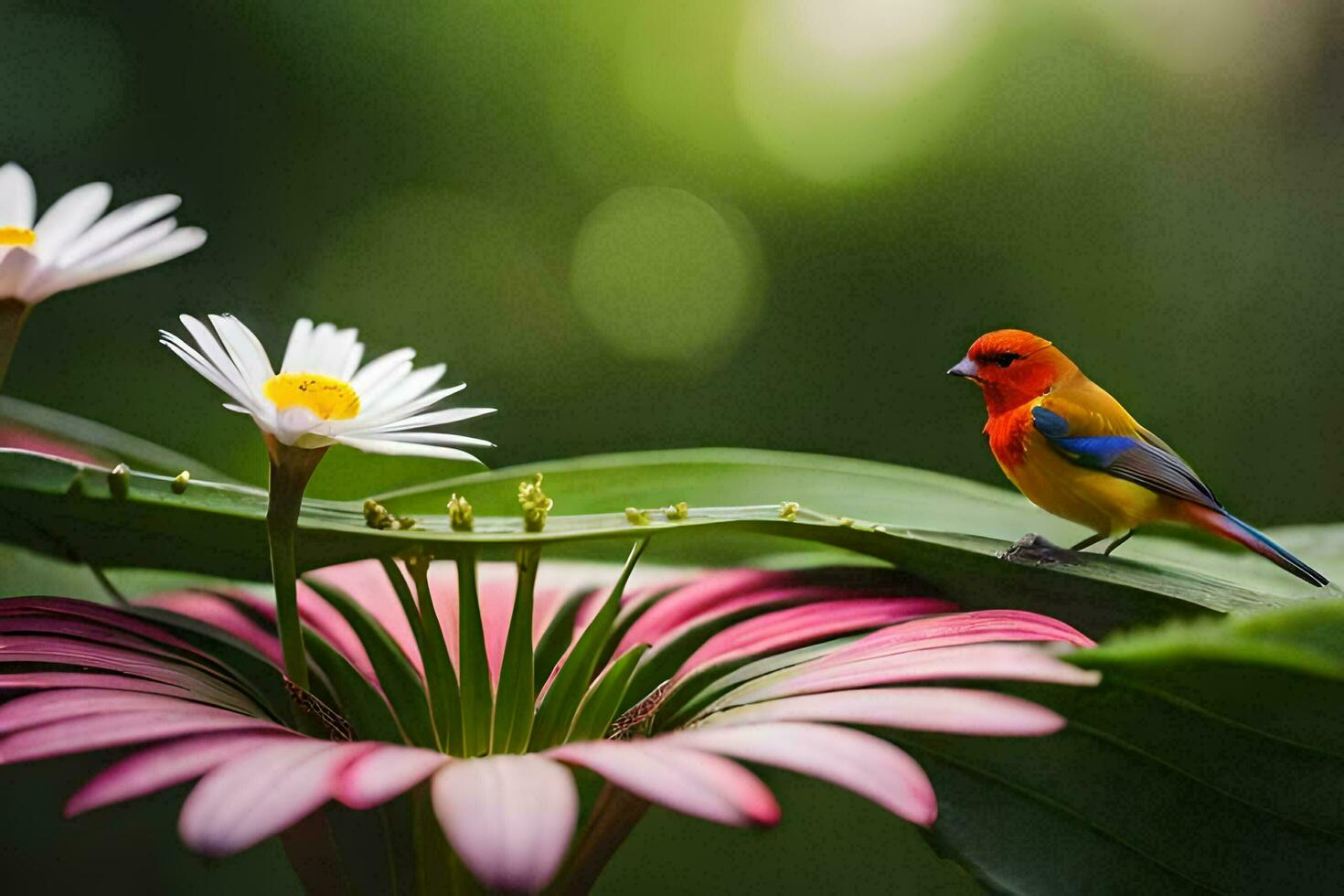 a small bird is perched on a flower. AI-Generated photo