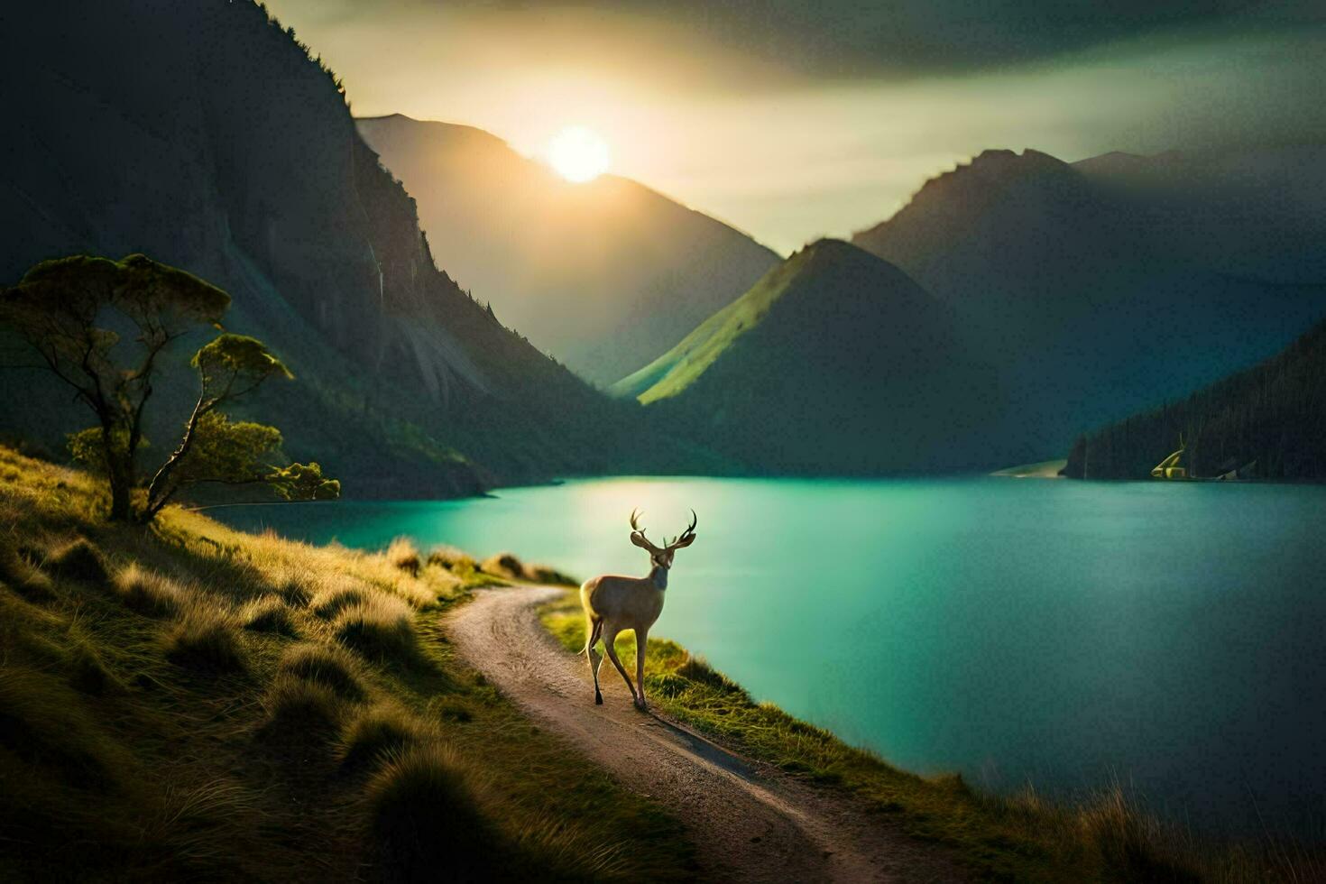 un ciervo soportes en un camino cerca un lago a puesta de sol. generado por ai foto