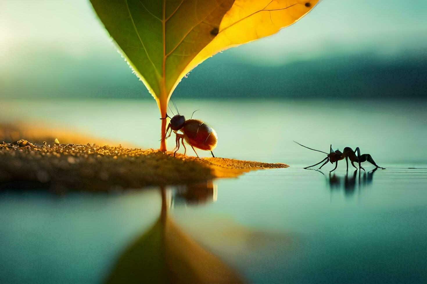 two insects are standing next to a leaf. AI-Generated photo