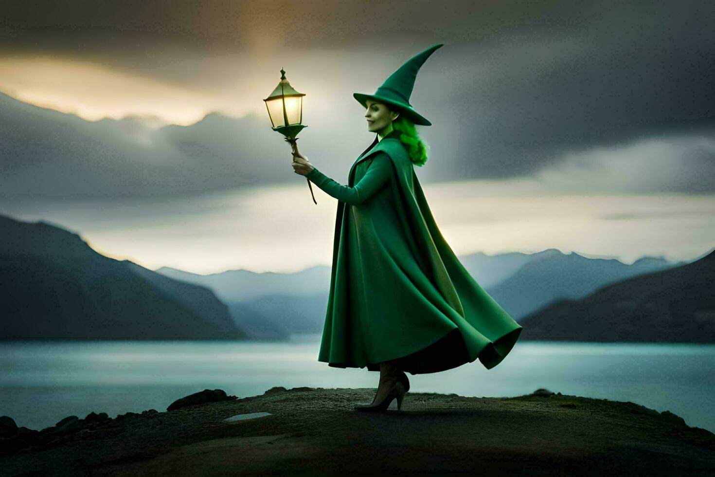 a woman in a green dress holding a lantern. AI-Generated photo