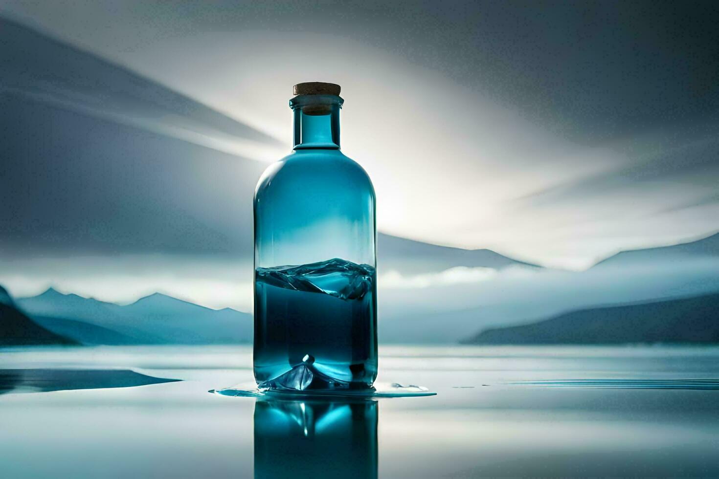 a bottle of water sitting on the water with mountains in the background. AI-Generated photo