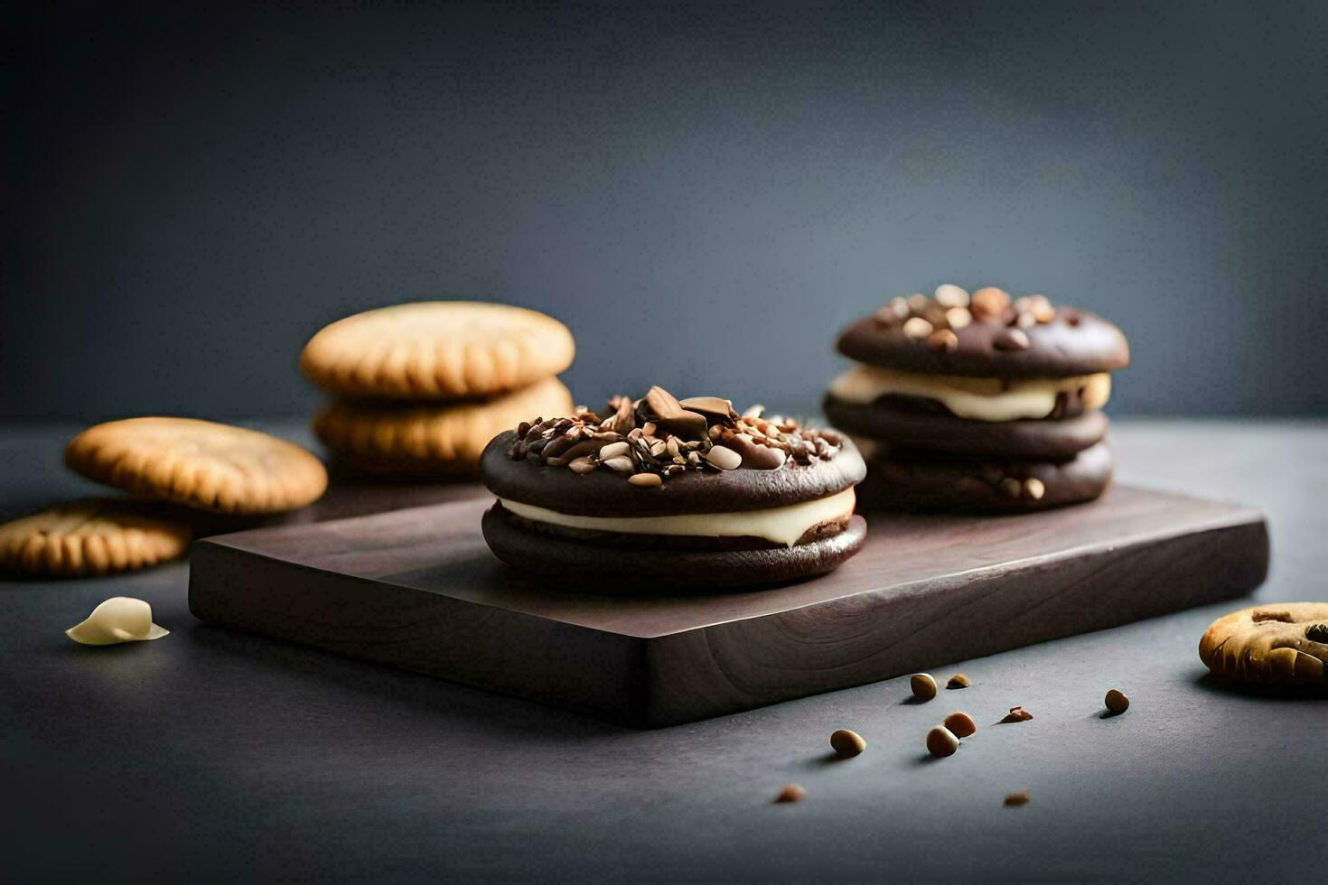 three chocolate cookies on a wooden board. AI-Generated photo