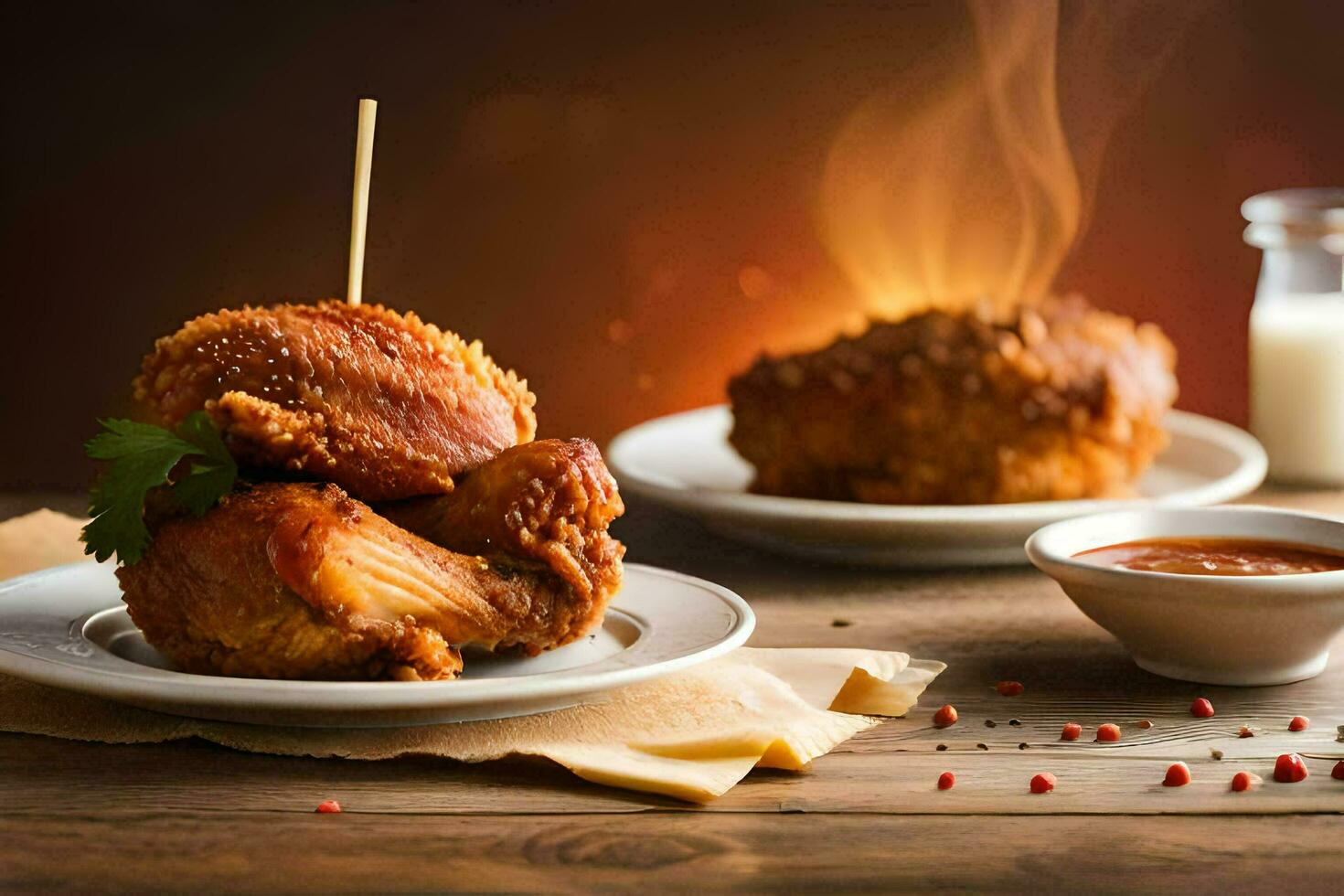 a plate of fried chicken with sauce and a glass of milk. AI-Generated photo