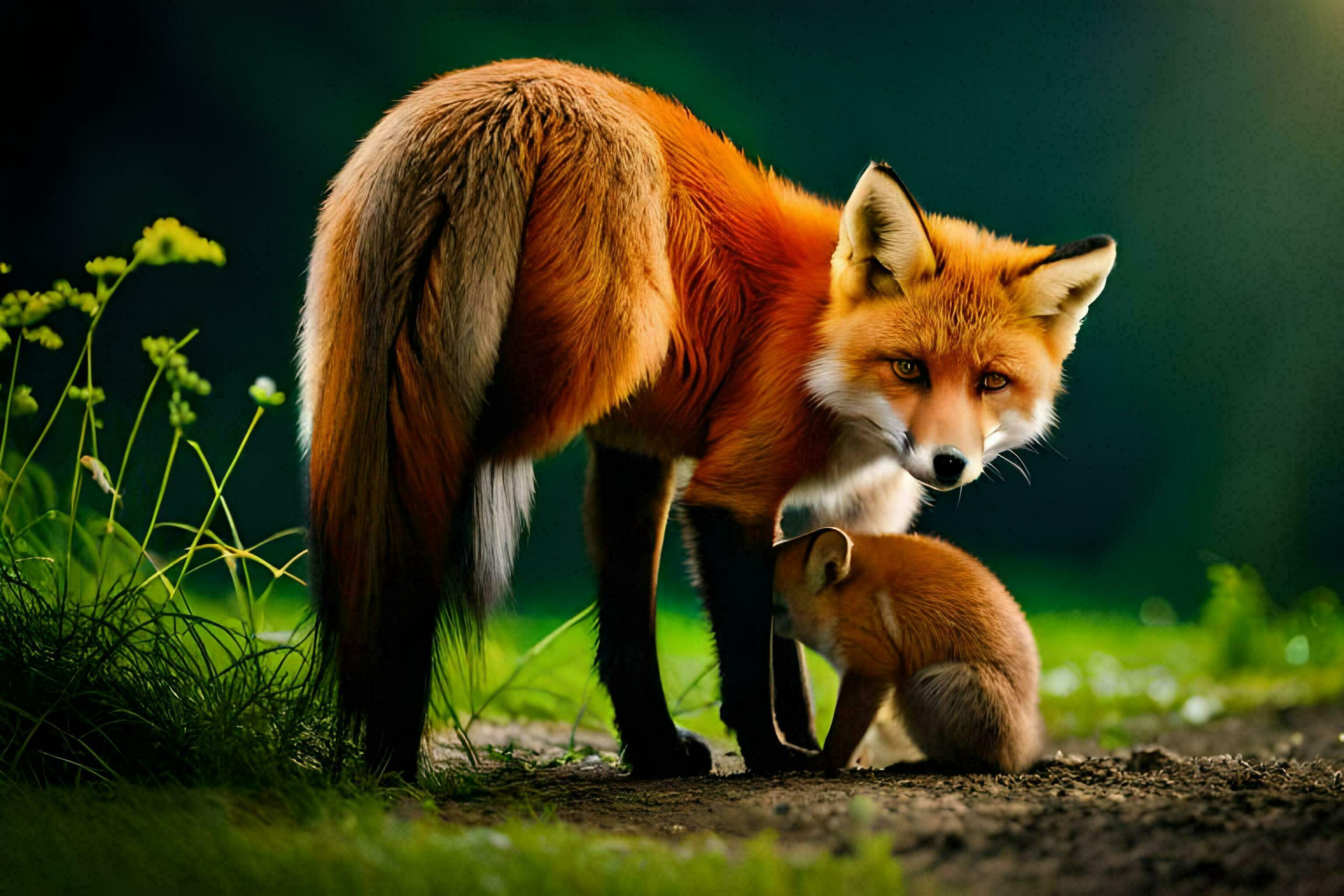 a mother fox and her cubs are standing on the road. AIGenerated