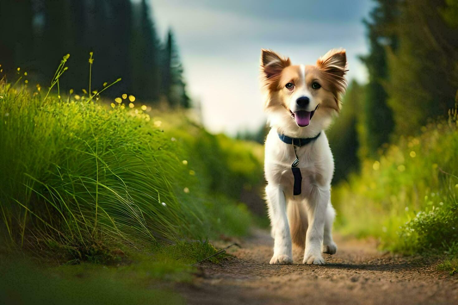 a dog walking on a dirt road in the woods. AI-Generated photo