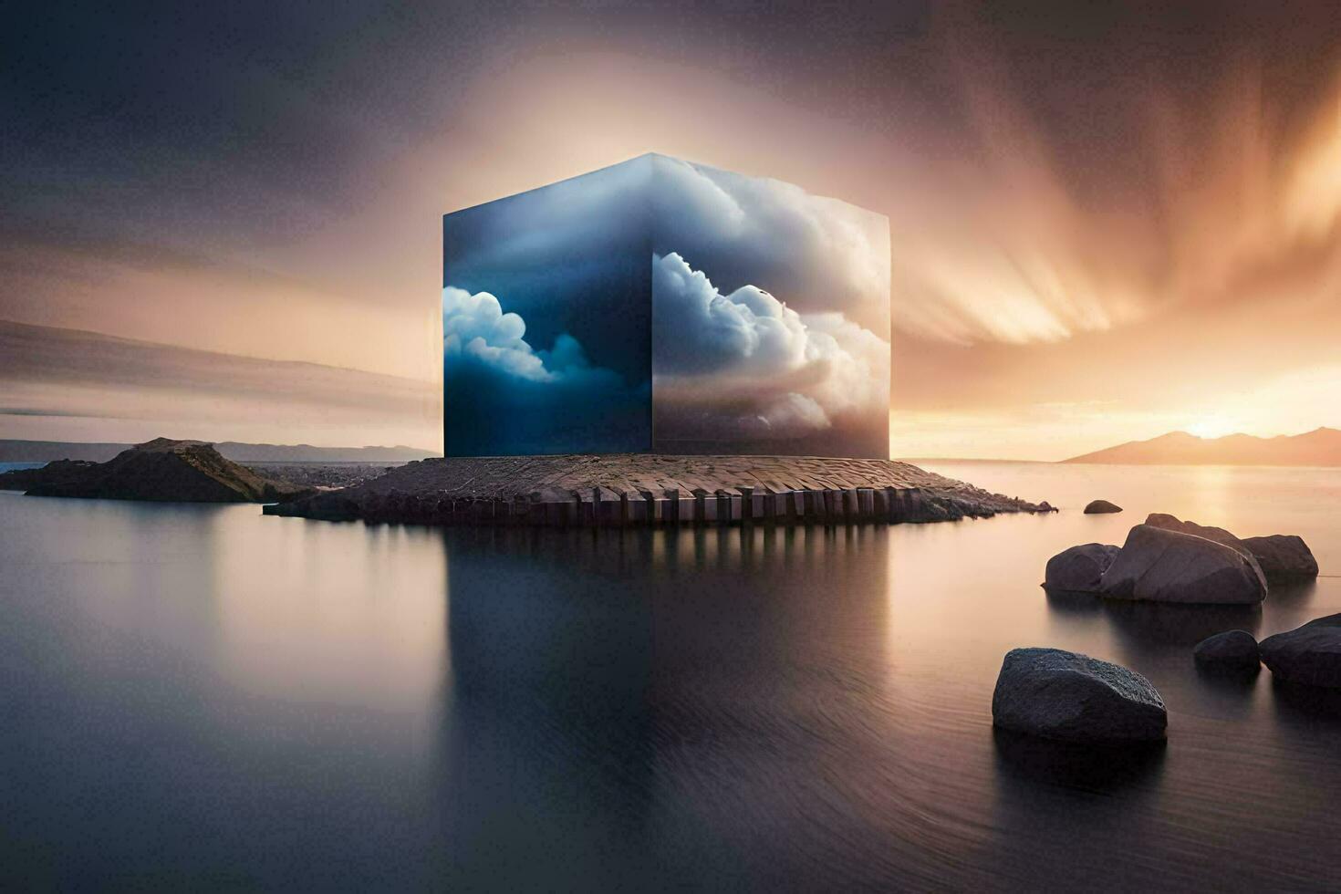 a cube with clouds in the sky. AI-Generated photo