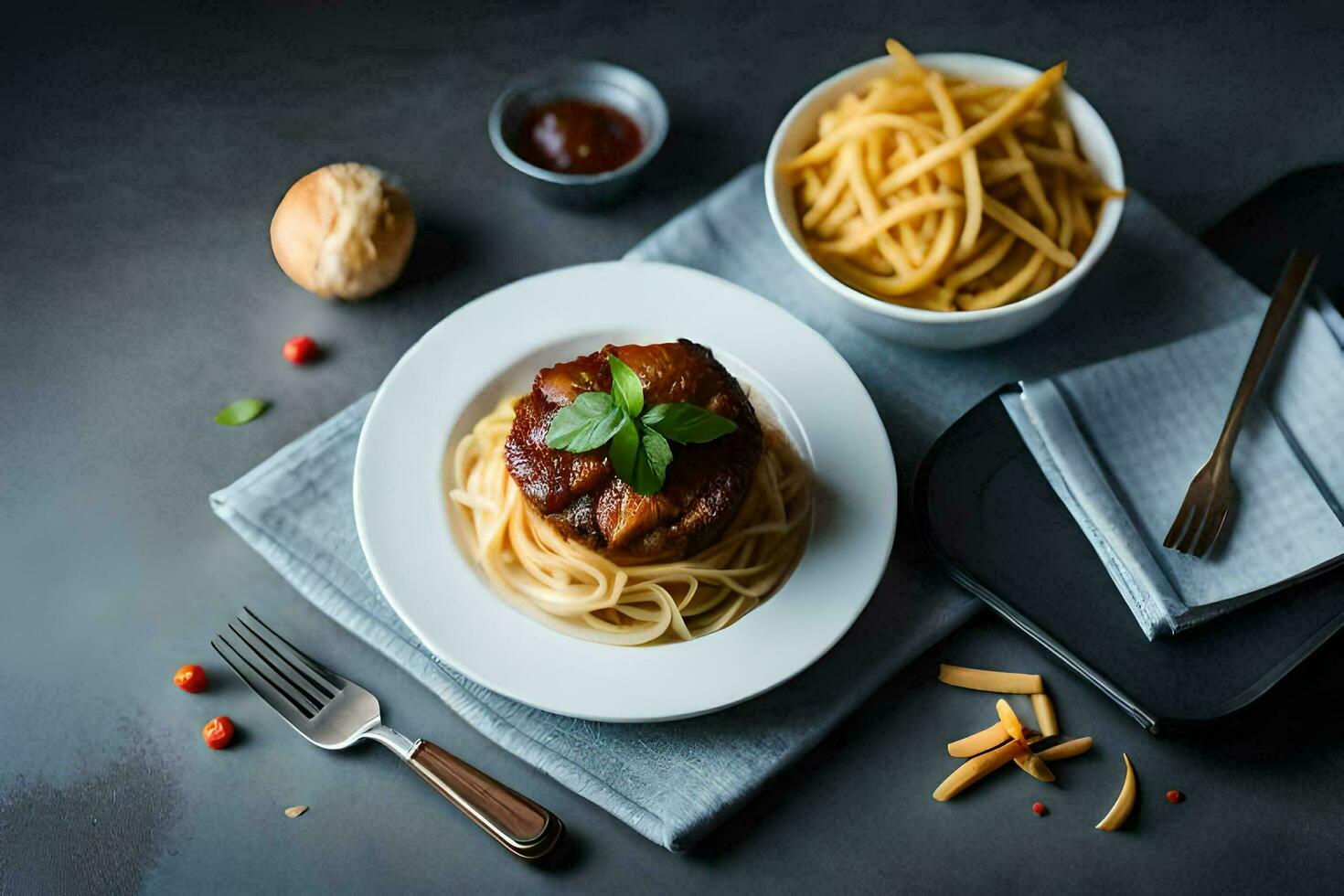 the food is served on a plate with a fork and knife. AI-Generated photo