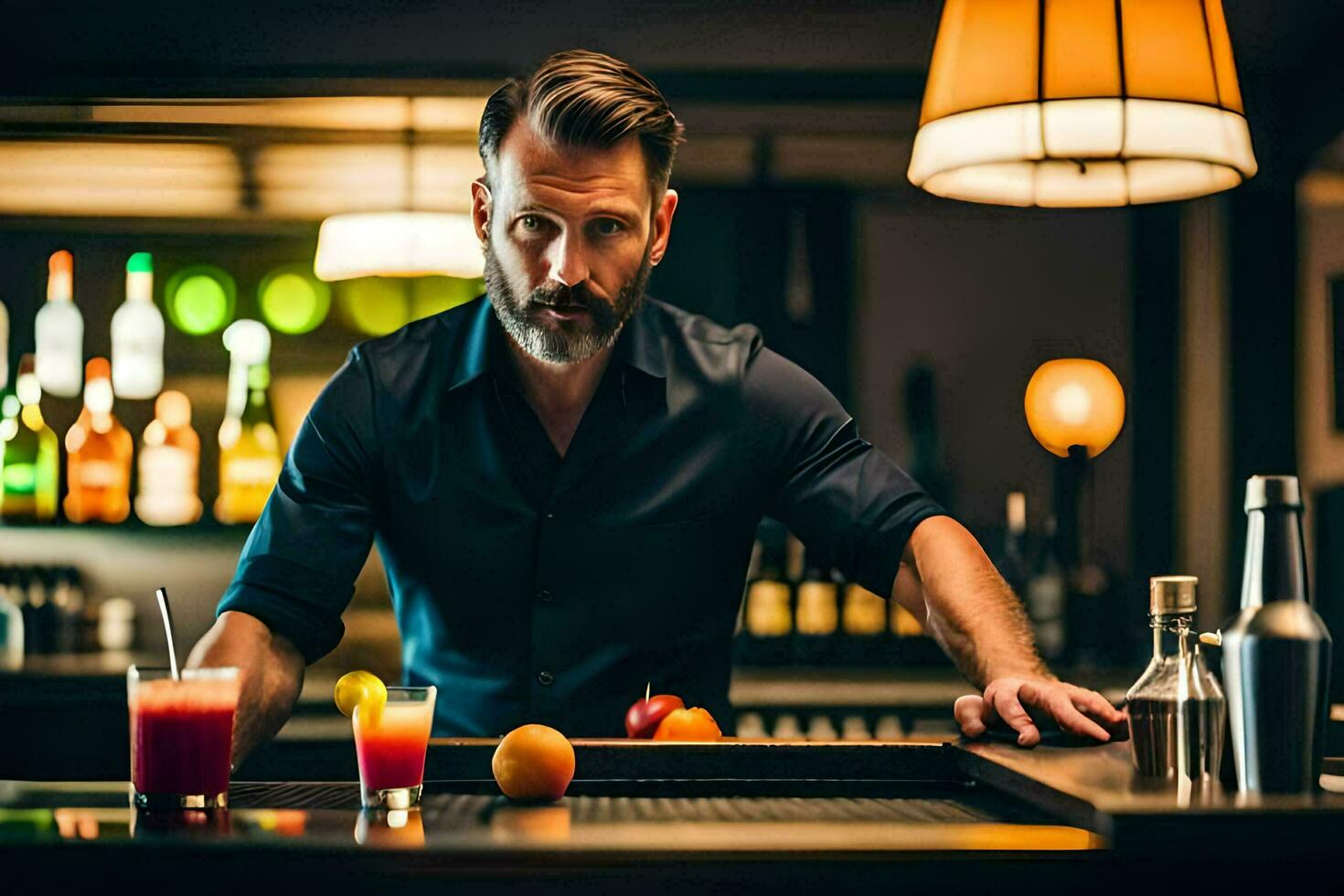 a man is standing behind the bar with a drink. AI-Generated photo