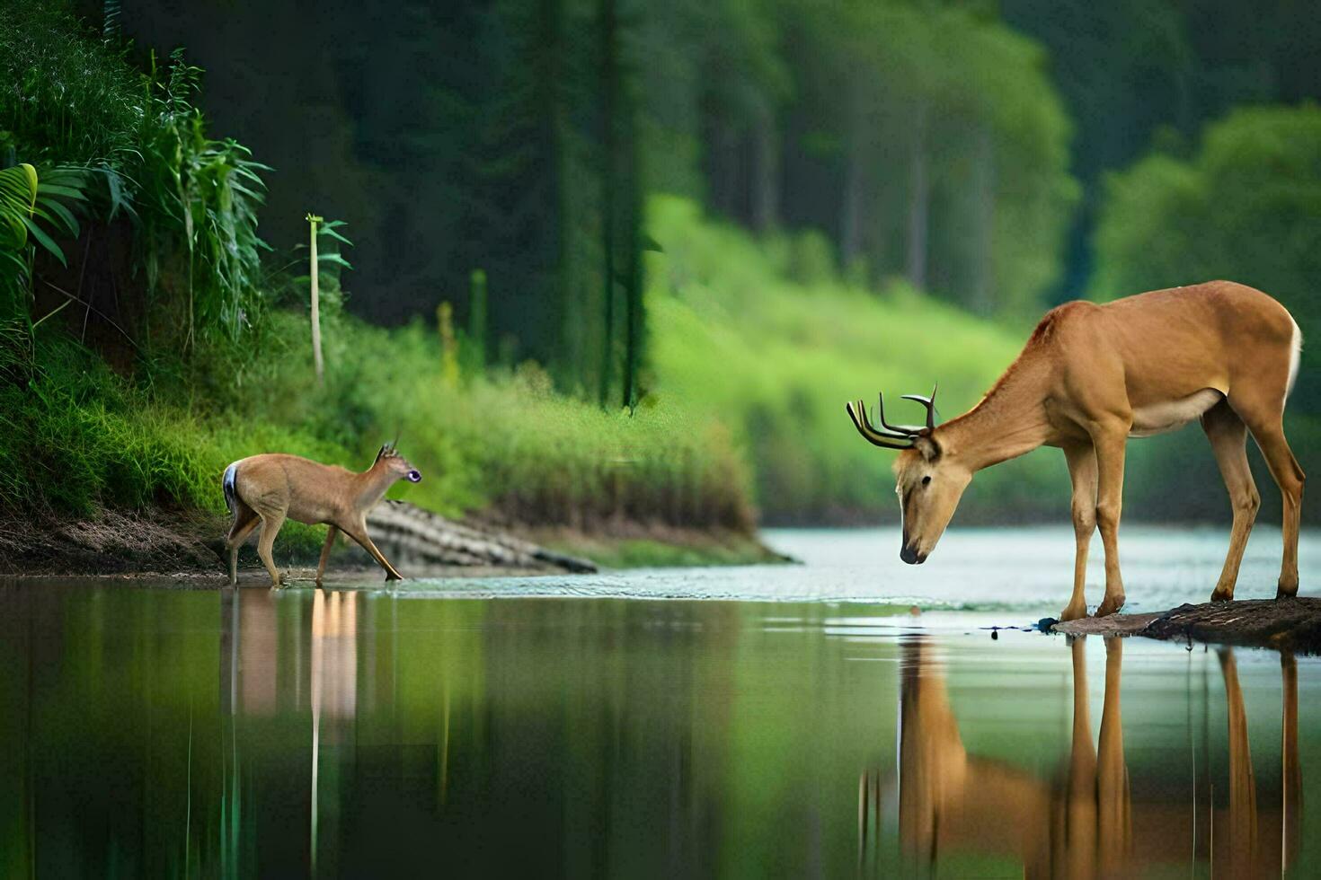 un ciervo y un bebé ciervo son en pie en el agua. generado por ai foto