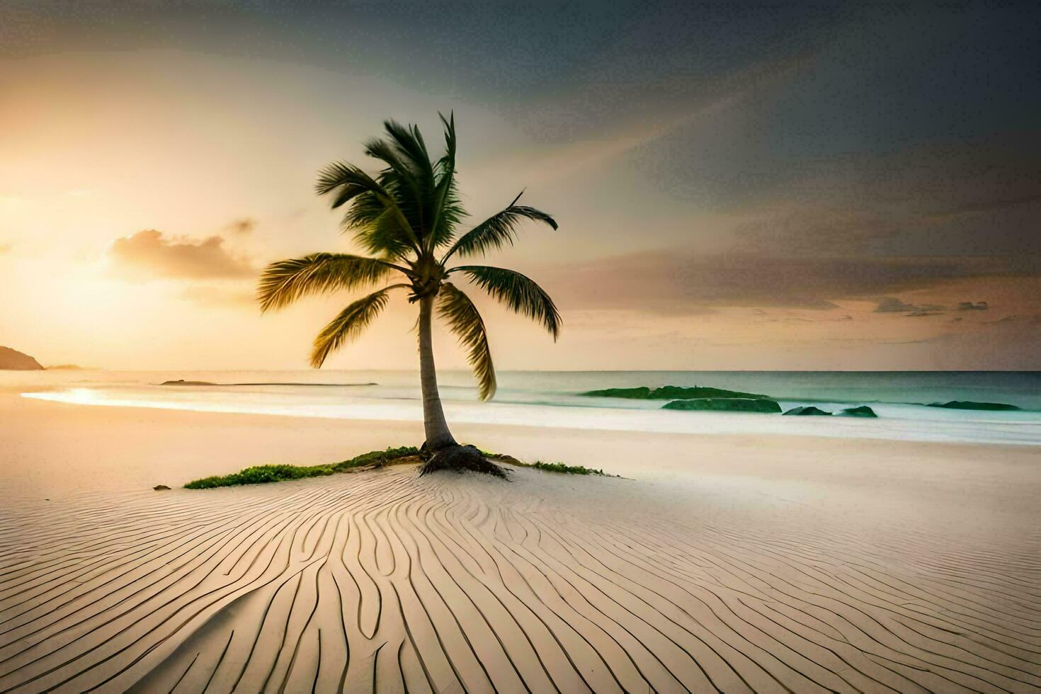 a palm tree on a beach at sunset. AI-Generated photo