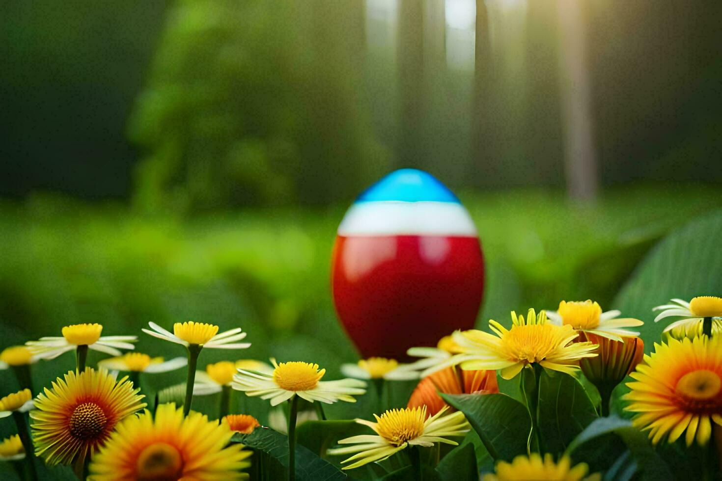 a colorful egg in the grass with yellow flowers. AI-Generated photo