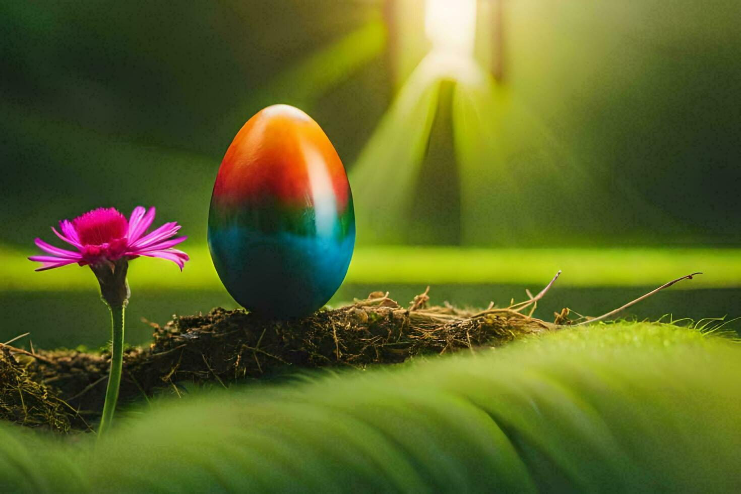 an easter egg is sitting on a grassy field with a pink flower. AI-Generated photo