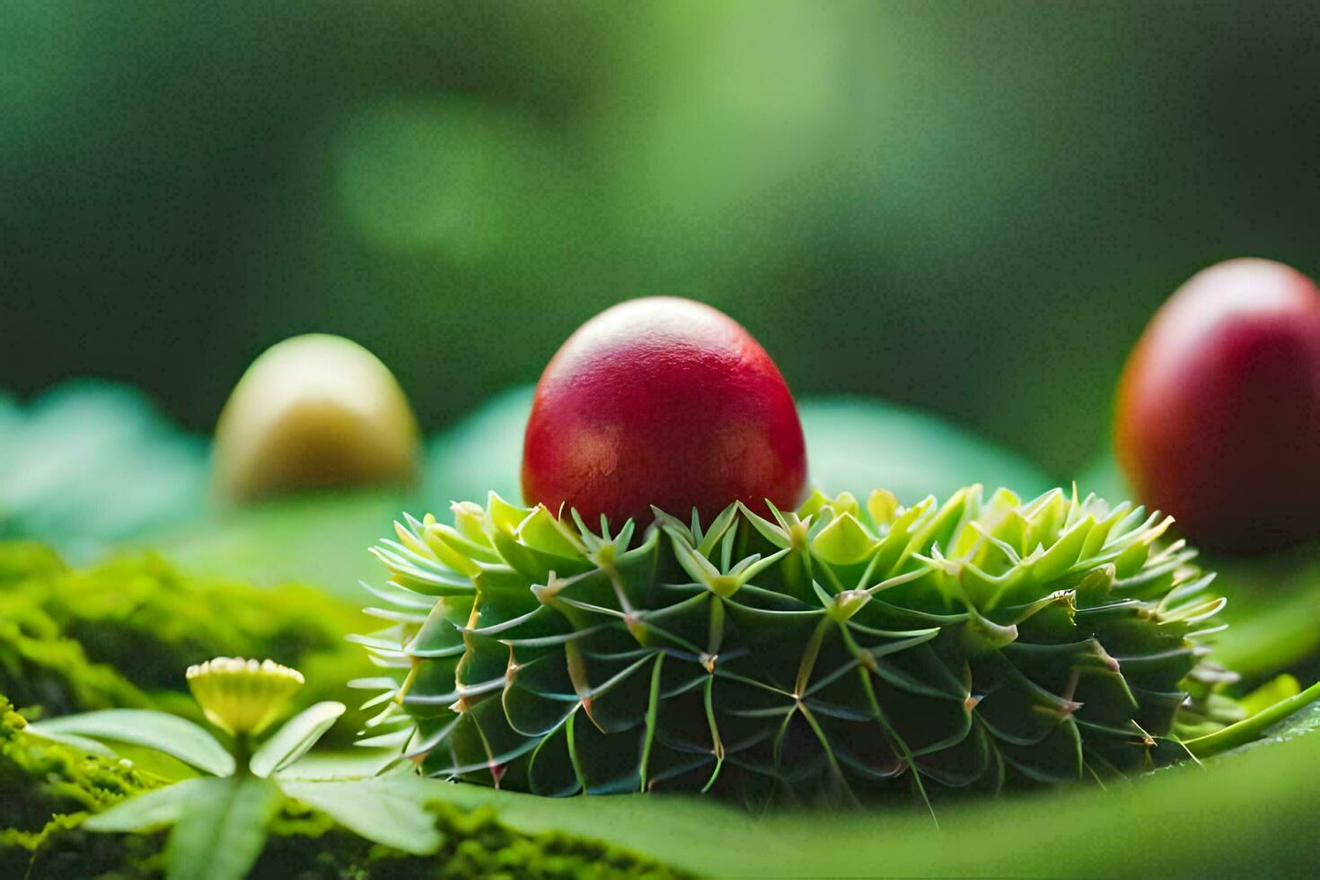 three red eggs are sitting on top of a green plant. AI-Generated photo