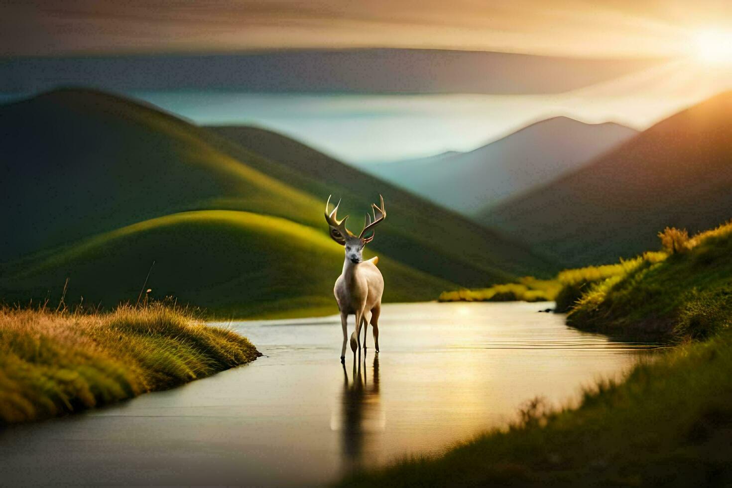 a deer stands in a stream at sunset. AI-Generated photo