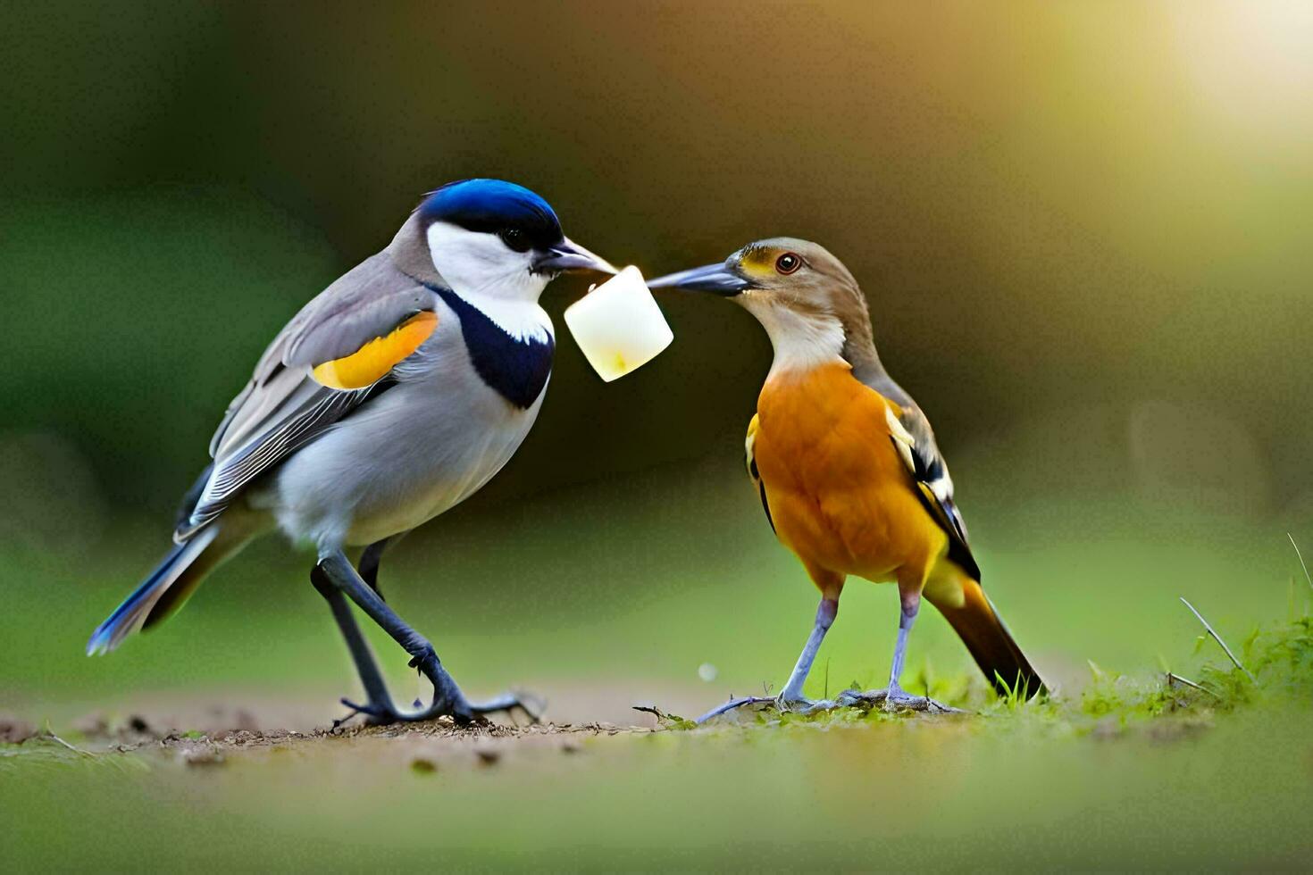 two birds standing on the ground with a piece of food. AI-Generated photo