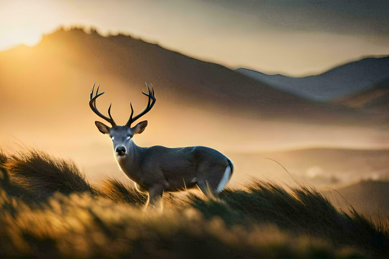 un ciervo soportes en el césped a puesta de sol. generado por ai foto