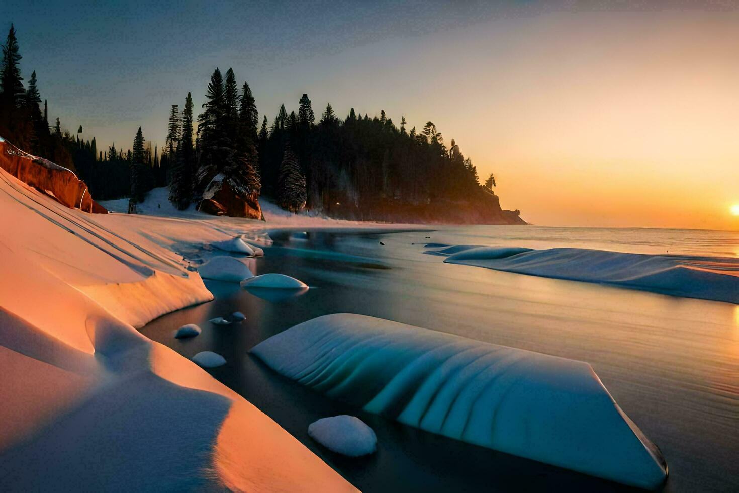 the sun sets over a snowy beach and ice. AI-Generated photo