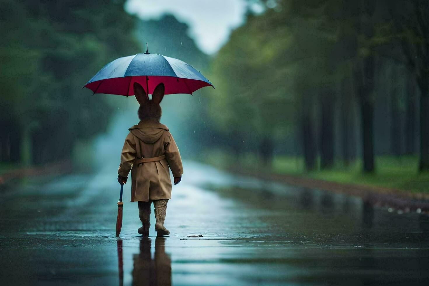 a person in a bunny costume walking in the rain with an umbrella. AI-Generated photo