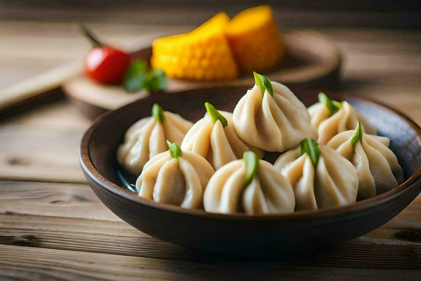 a bowl of dumplings on a wooden table. AI-Generated photo