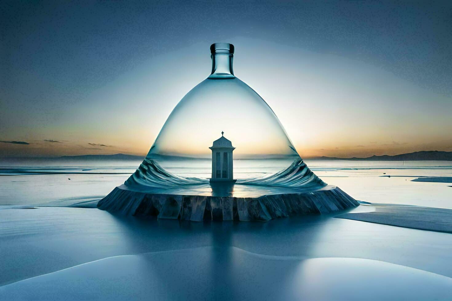 a bottle shaped island with a lighthouse in the middle. AI-Generated photo
