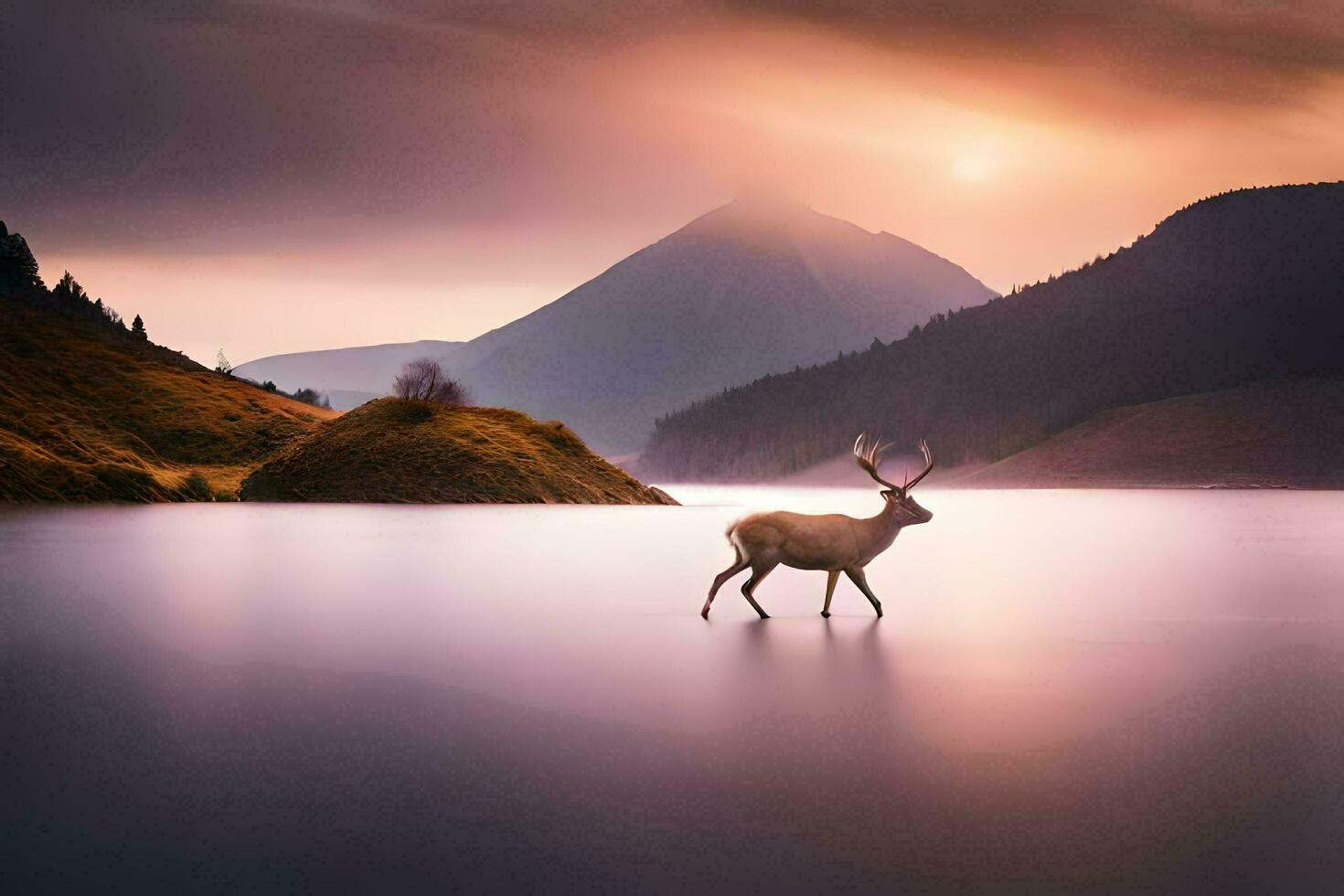 a deer stands in the middle of a lake at sunset. AI-Generated photo