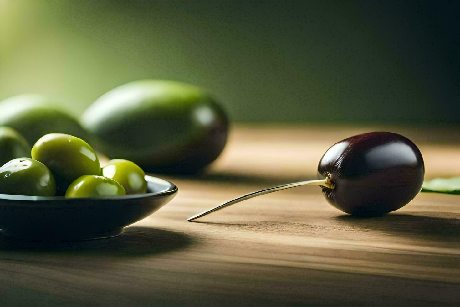 un cuenco de verde aceitunas y un verde manzana. generado por ai foto