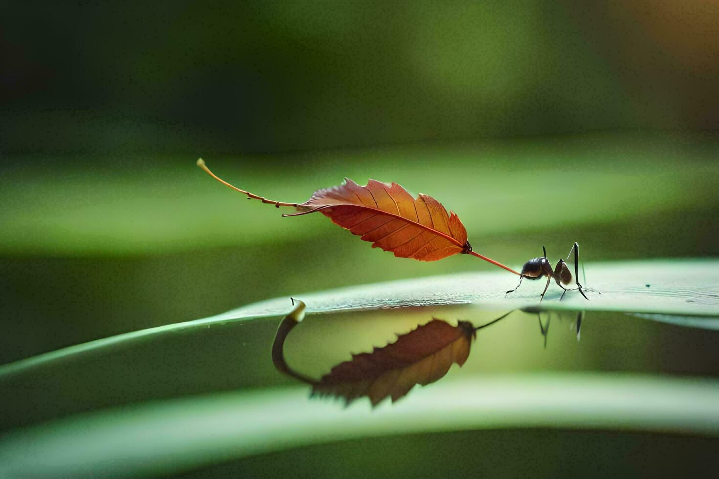 a leaf on the water with a small ant. AI-Generated photo