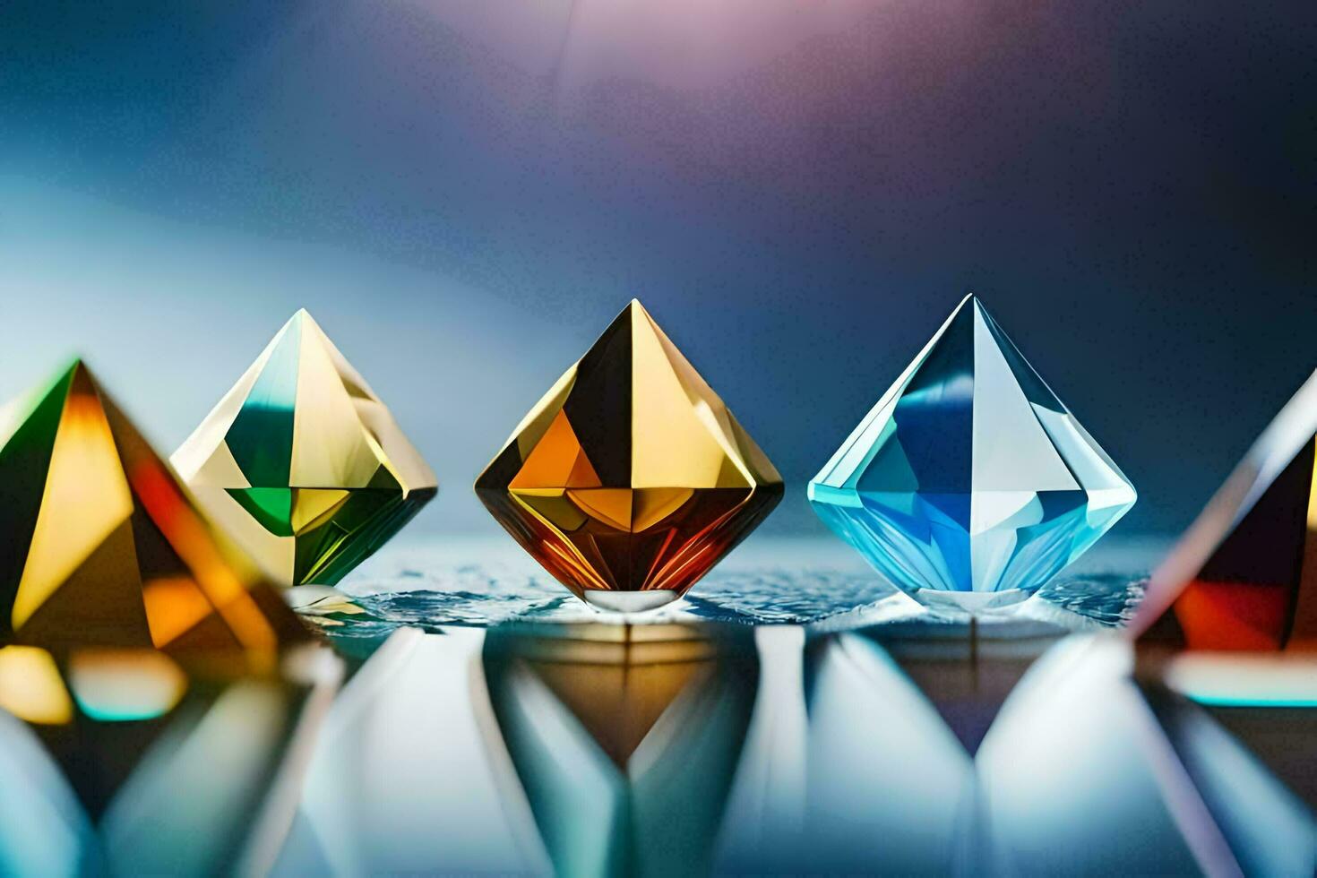 cinco diferente de colores cristal formas son mostrado en un fila. generado por ai foto