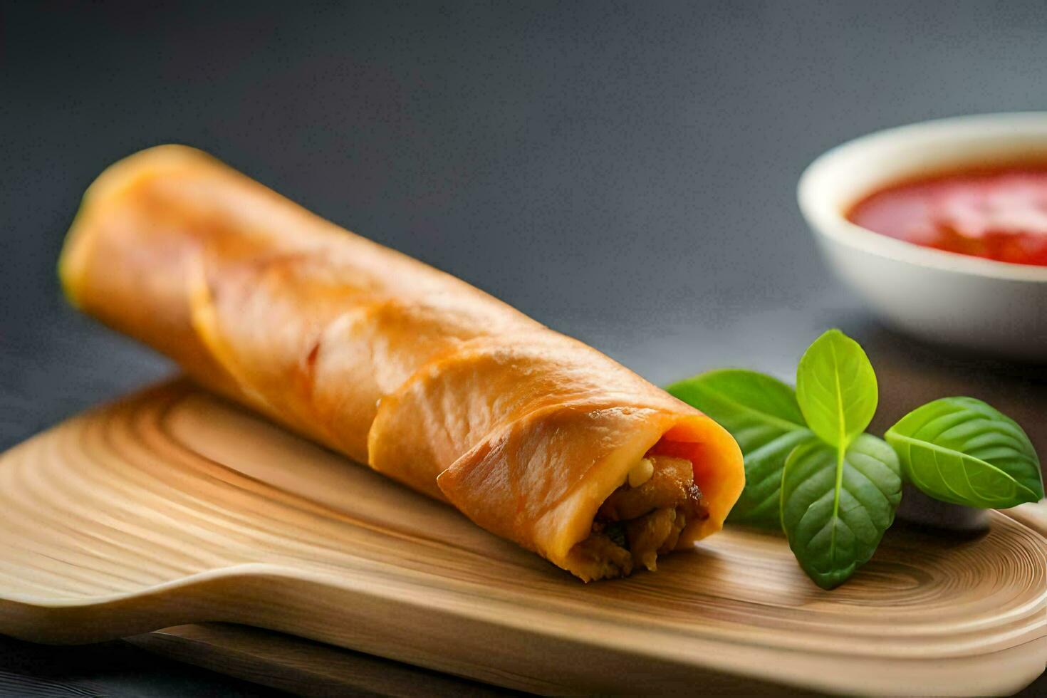 a long roll with sauce and basil leaves. AI-Generated photo