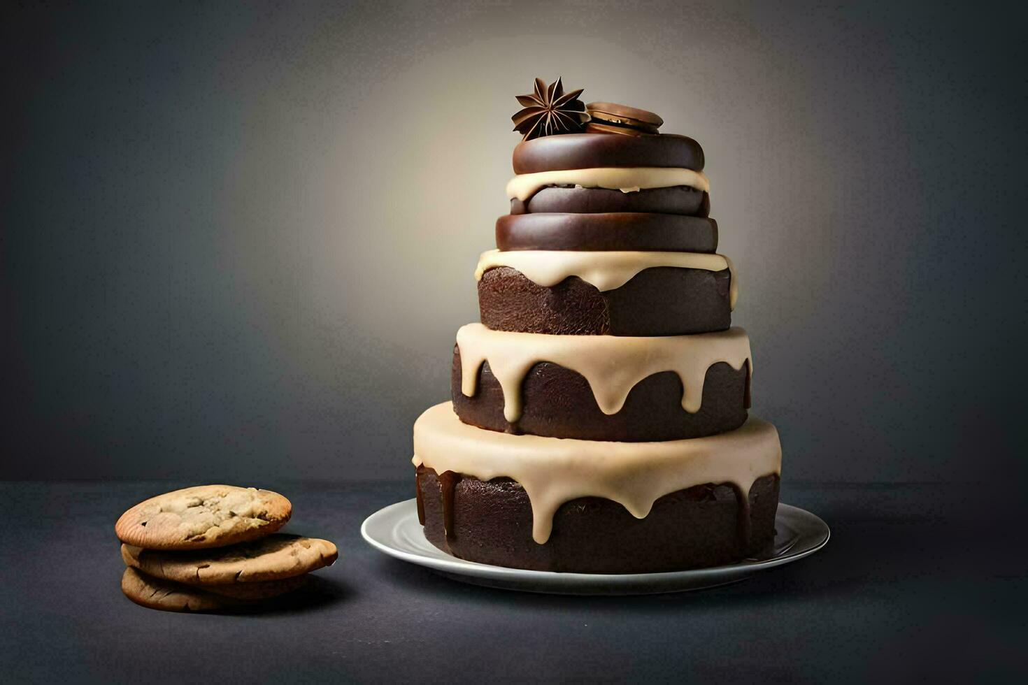 un chocolate pastel con Formación de hielo y galletas en un lámina. generado por ai foto