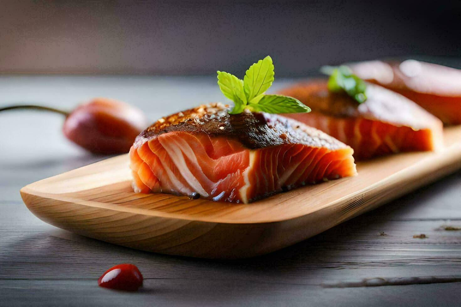 salmon on a wooden tray with cherry tomatoes. AI-Generated photo