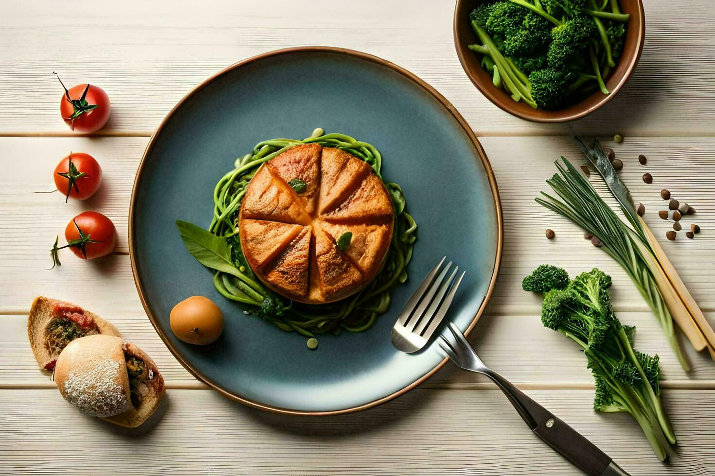 a plate with food on it, including broccoli, tomatoes and bread. AI-Generated photo