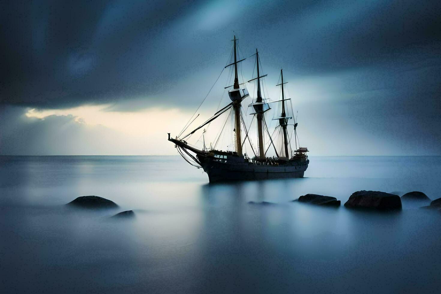 un navegación Embarcacion en el Oceano debajo un Tormentoso cielo. generado por ai foto