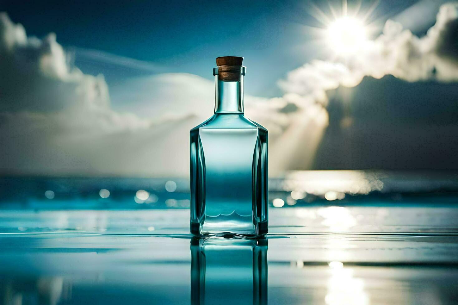 a bottle of blue liquid sits on the beach at sunset. AI-Generated photo