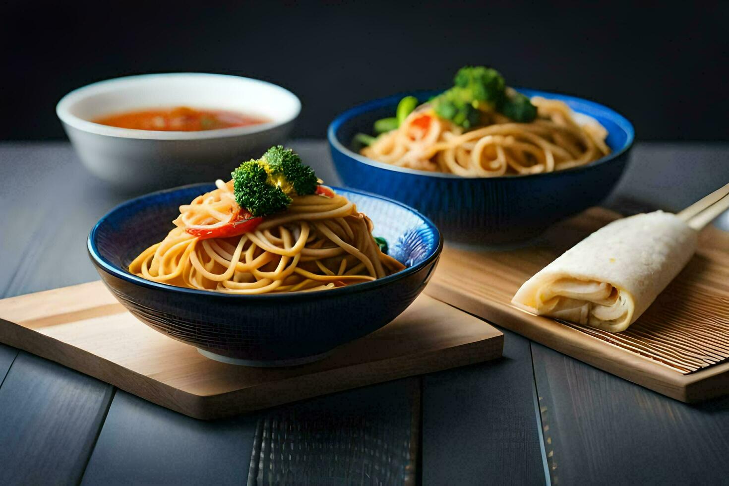 two bowls of noodles with vegetables and chopsticks. AI-Generated photo