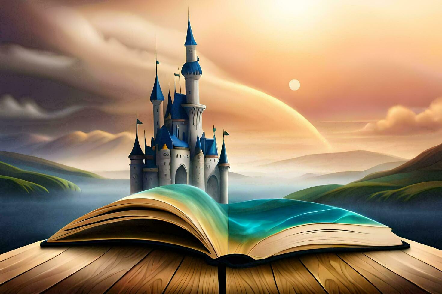 an open book with a castle on top of it. AI-Generated photo