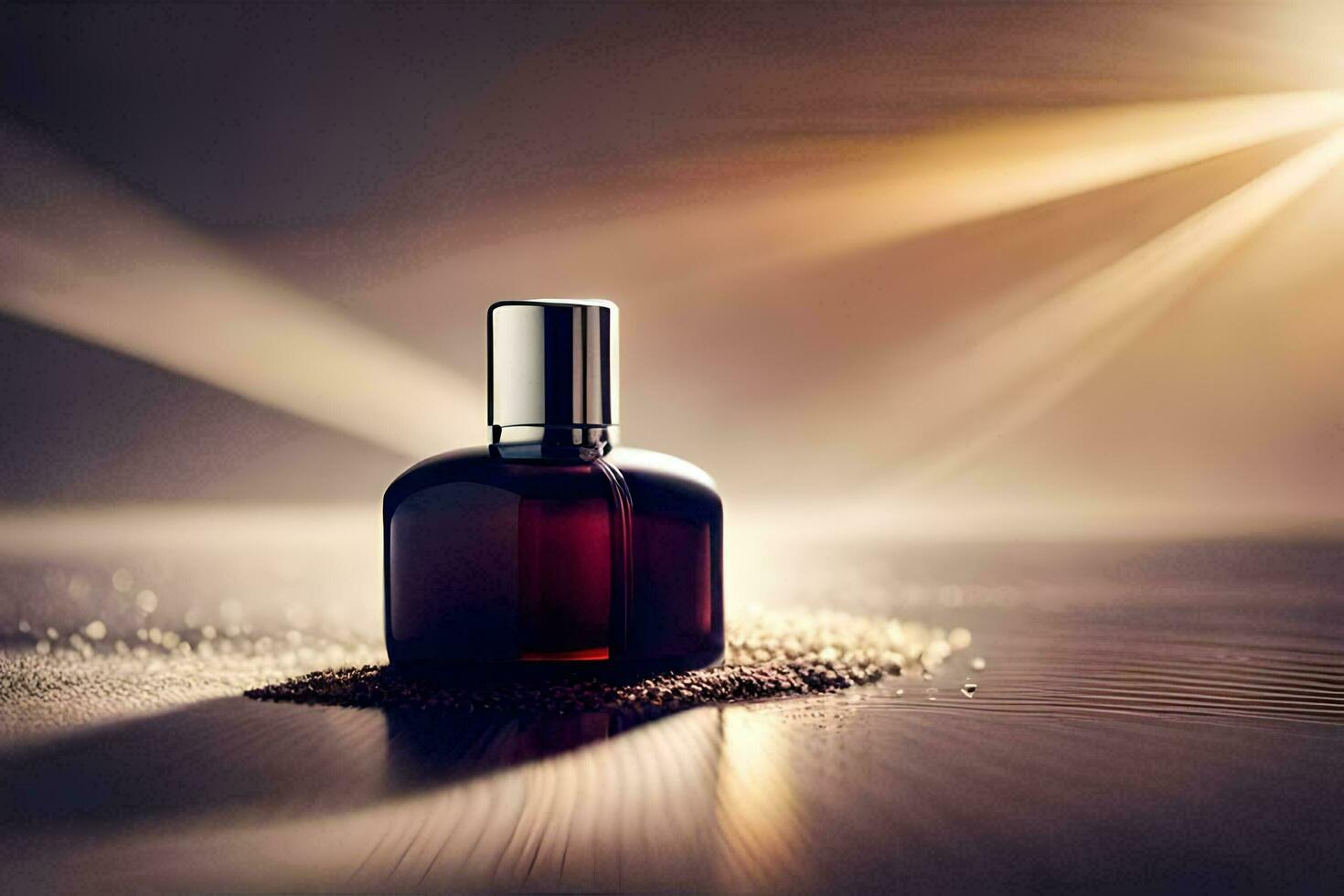 a bottle of perfume sitting on a table. AI-Generated photo