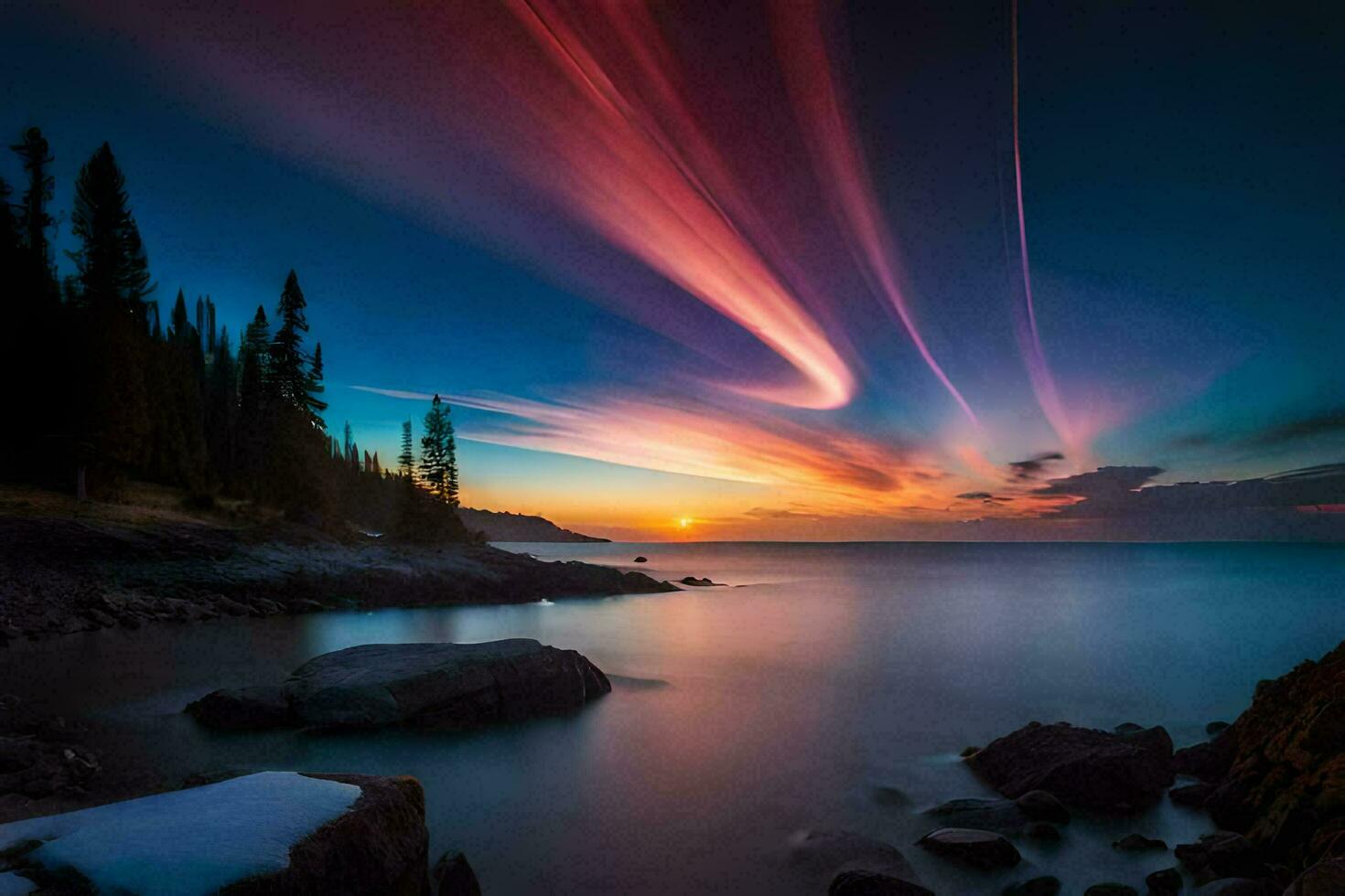 el Aurora borealis terminado el lago superior. generado por ai foto