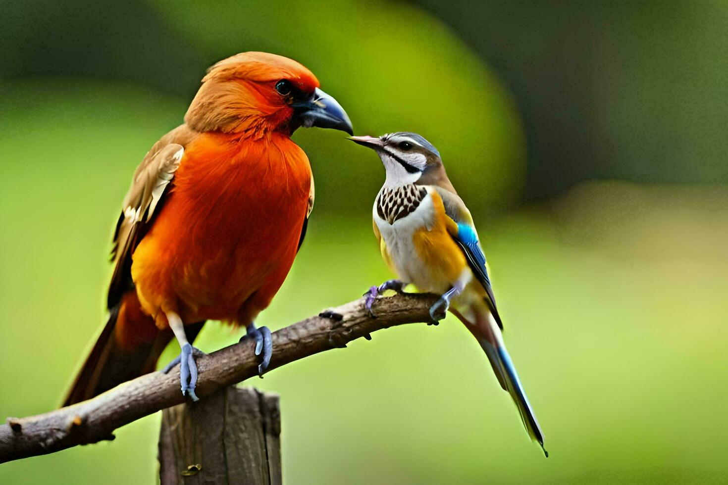 a red bird and a blue bird are sitting on a branch. AI-Generated photo
