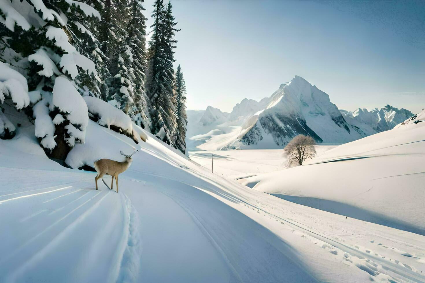 un ciervo es caminando a través de el nieve cubierto suelo. generado por ai foto