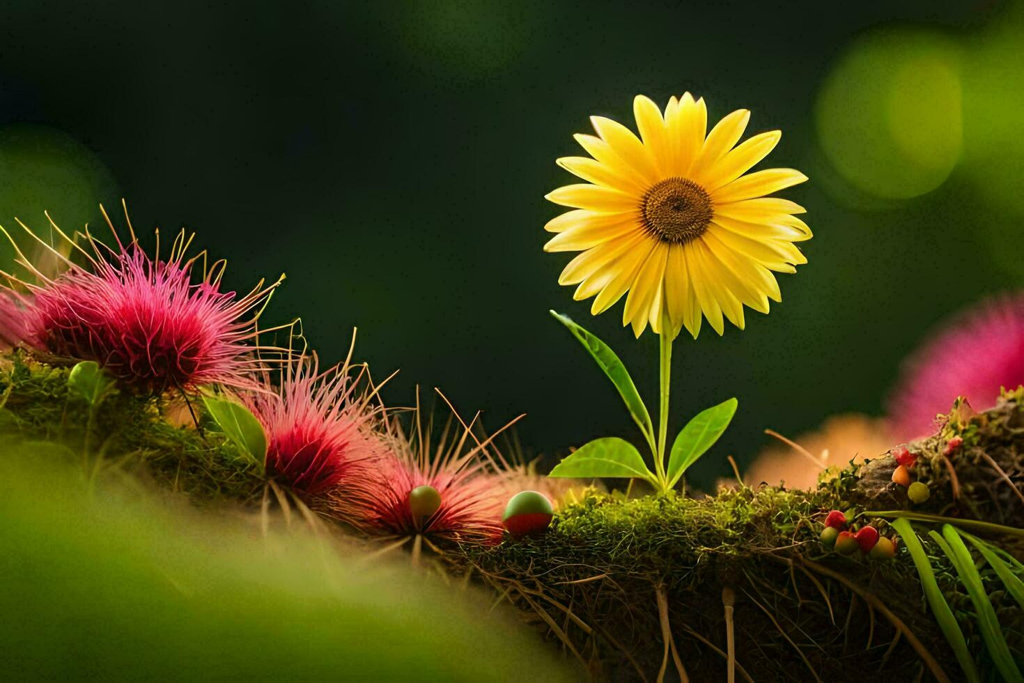 a single yellow flower is growing on a mossy branch. AI-Generated photo