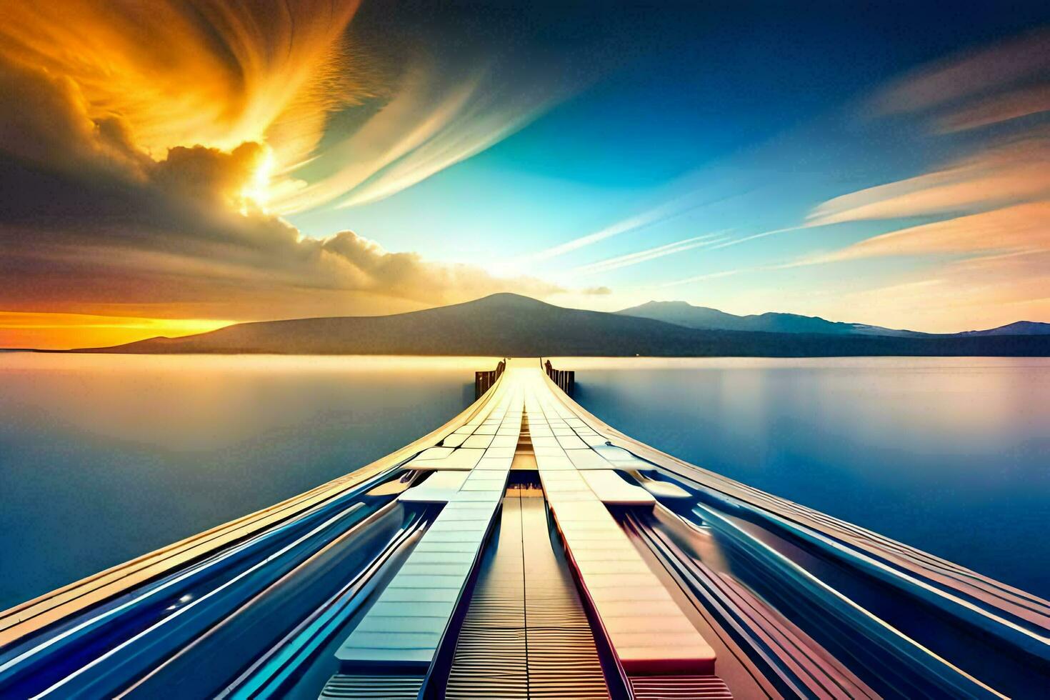 a long pier with a long bridge over water. AI-Generated photo