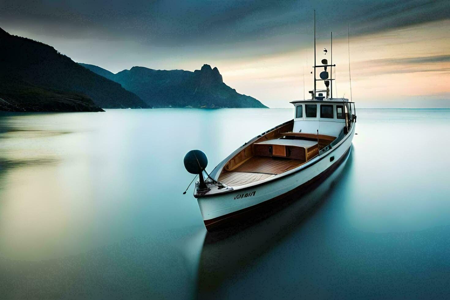 un barco es atracado en el Oceano a puesta de sol. generado por ai foto