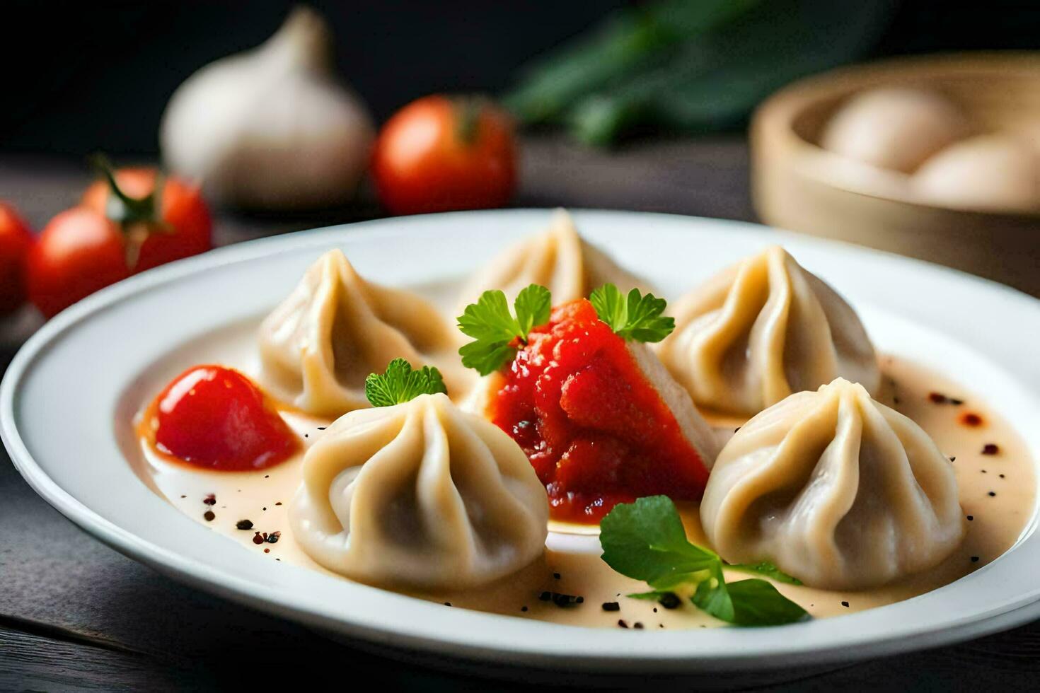 dumplings with sauce and vegetables on a plate. AI-Generated photo
